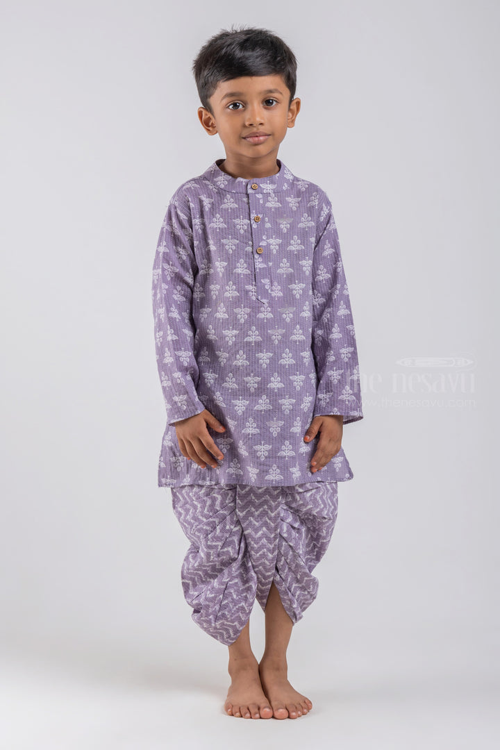 The Nesavu Boys Dothi Set Purple Floral Butta Printed Mandarin Collar Kurta with Zig Zag Printed Dhoti Set for Boys psr silks Nesavu 14 (6M) / Purple / Cotton BES334A