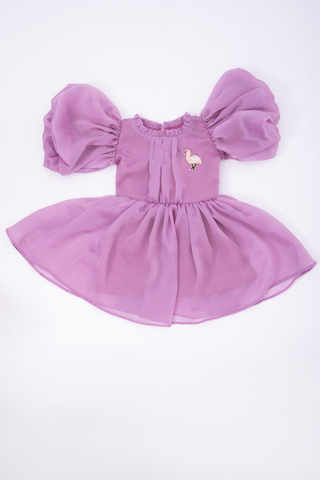 The Nesavu Girls Fancy Party Frock Purple Glaze Organza Frock with Balloon Sleeves and Flamingo Embroidery Nesavu 16 (1Y) / multicolor PF186D-16 Purple Glaze Organza Frock with Balloon Sleeves and Flamingo Embroidery
