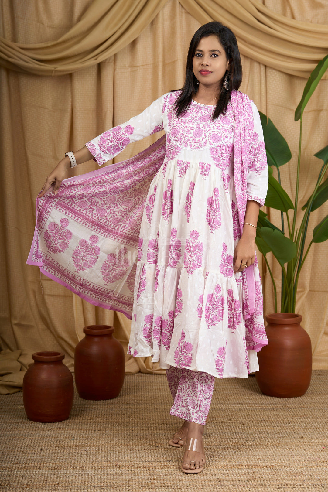 Nesavu Purple Jaipuri Cotton Flared Kurti Set Floral Prints