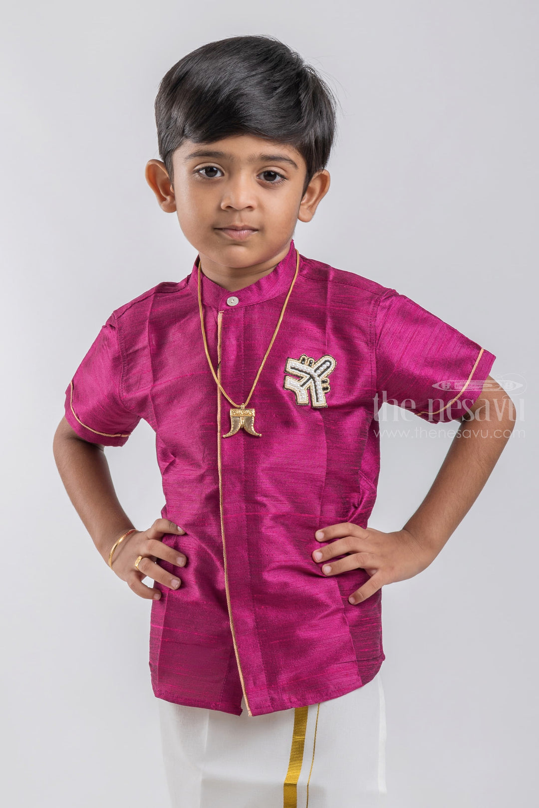 The Nesavu Boys Silk Shirt Purple Magic Little Maharaja Boys Pattu Shirt With Aeroplane Embroidery psr silks Nesavu 14 (6M) / Purple BS029C