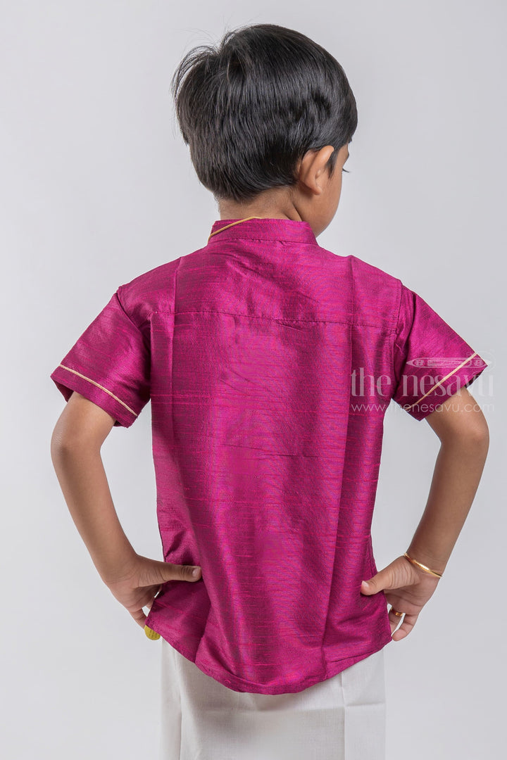 The Nesavu Boys Silk Shirt Purple Magic Little Maharaja Boys Pattu Shirt With Aeroplane Embroidery psr silks Nesavu