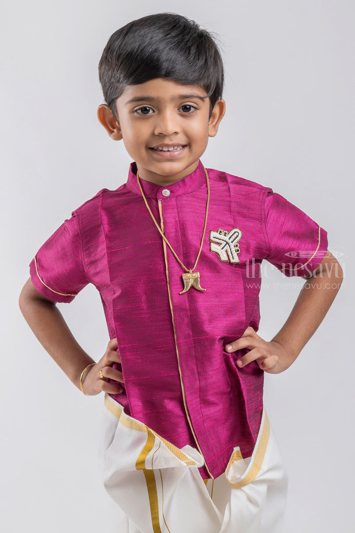 The Nesavu Boys Silk Shirt Purple Magic Little Maharaja Boys Pattu Shirt With Aeroplane Embroidery psr silks Nesavu