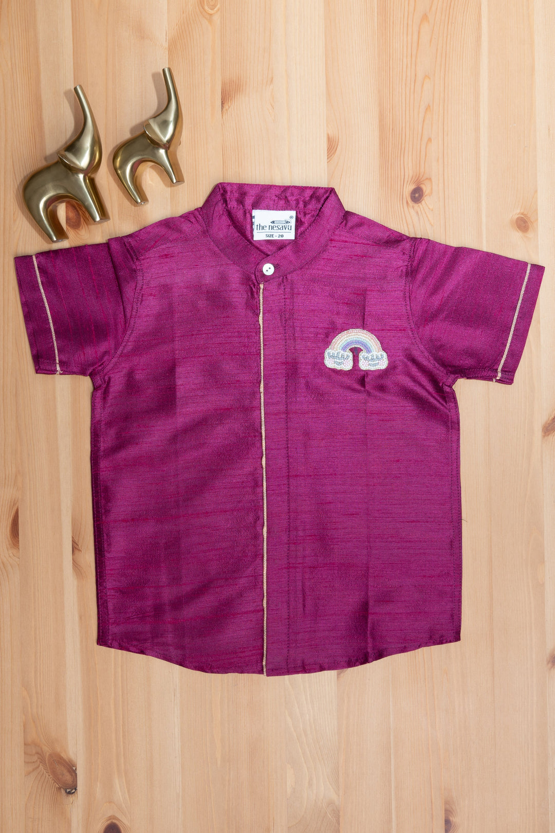 The Nesavu Boys Silk Shirt Purple Magic Little Maharaja Boys Pattu Shirt With Rainbow Embroidery Nesavu "The Nesavu's Mini Maharaja Collection: Where Style Meets Tradition for Boys"