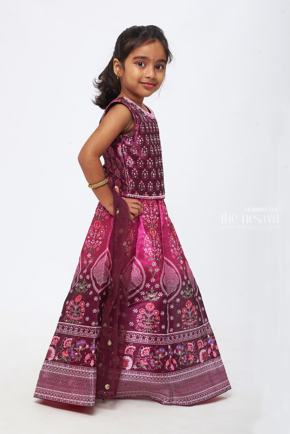 The Nesavu Girls Lehenga Choli Purple Majesty: Girls Radiant Berry Gown with Exquisite Floral Prints Nesavu Lighting Up Little Worlds | Diwali Collection Girls Lehenga Choli and Dupatta | The Nesavu