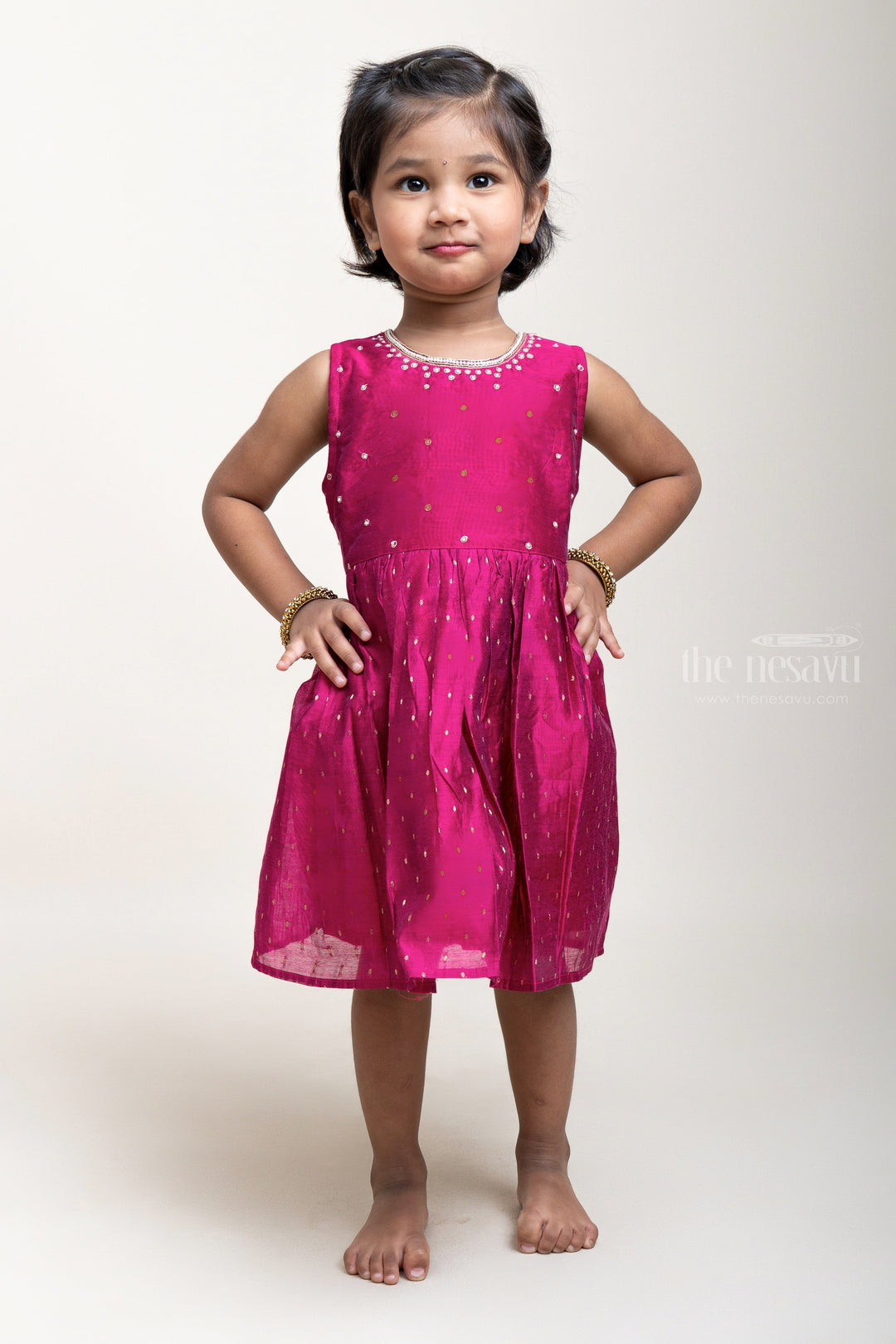 The Nesavu Girls Fancy Frock Purple Neck Embroidered Cotton Frock For Little Girls Nesavu 16 (1Y) / Magenta / Chanderi GFC981B Chinna Pillala Frocks | Cotton Frocks Designs | The Nesavu