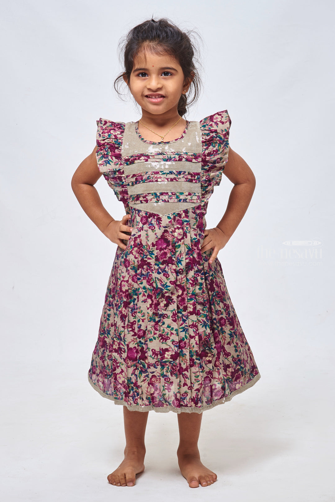 The Nesavu Girls Cotton Frock Purple Sequin Grace: Cotton Frock For Kids Girls with Paisley Prints Nesavu 22 (4Y) / Purple / Modal Chanderi GFC1132B-22 Cotton Frock Online Shopping | Cotton Frock Simple | the Nesavu