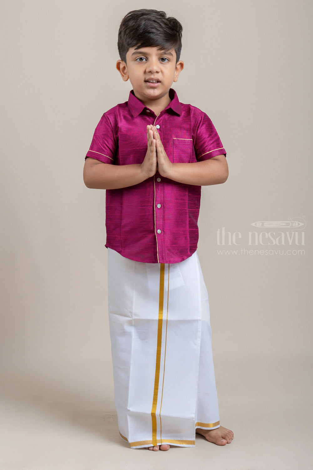 The Nesavu Boys Shirts Purple Splendor Traditional Boys Pattu Zari Shirt psr silks Nesavu 14 (6M) / Pink BS029A