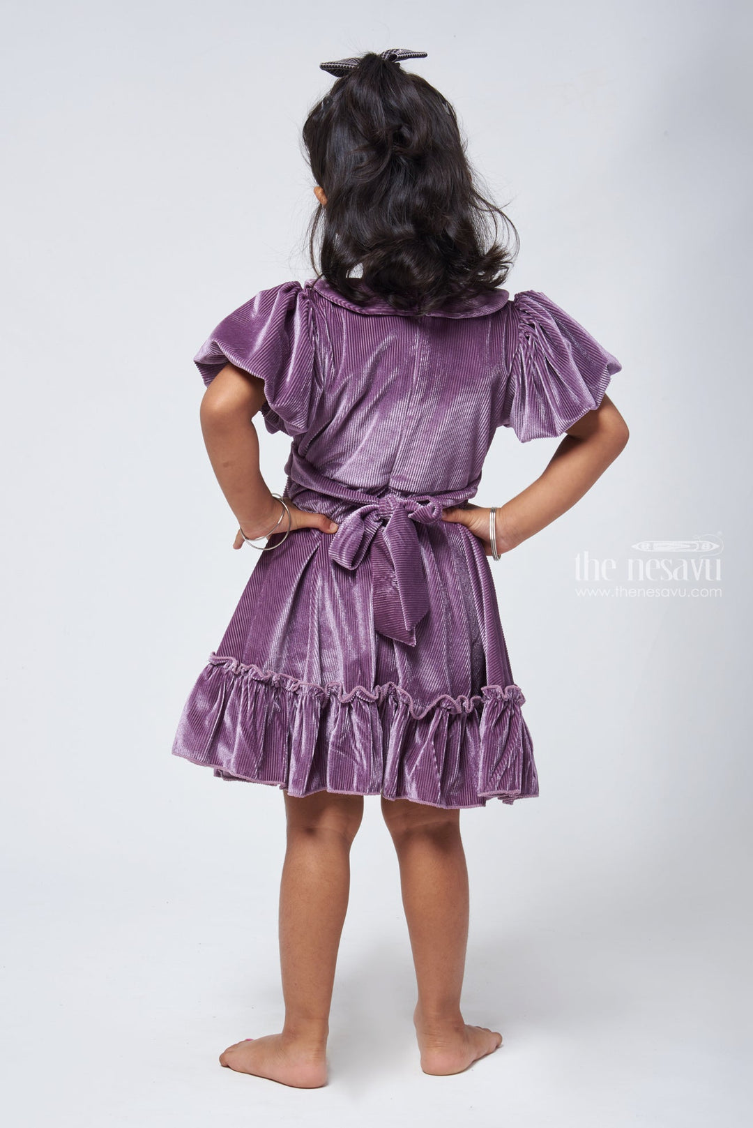The Nesavu Frocks & Dresses Purple Velvet Baby Girl Frock - Peter Pan Collar & Bow Embellishment Nesavu Girls Velvet Frock | Party frock for Baby Girls | The Nesavu