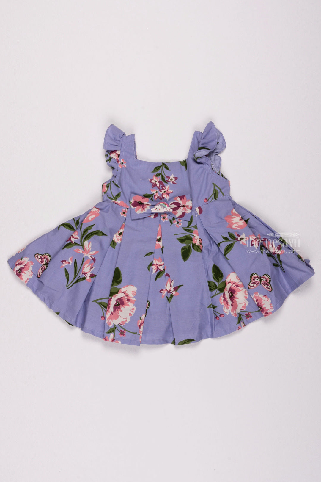 The Nesavu Baby Cotton Frocks Purple Whisper: Violet Frock with Floral Harmony, Box Pleats, and Bow Touch Nesavu 14 (6M) / Purple / Cotton BFJ467B-14 Adorable Newborn Gowns | Soft Fabric Baby Dresses | The Nesavu