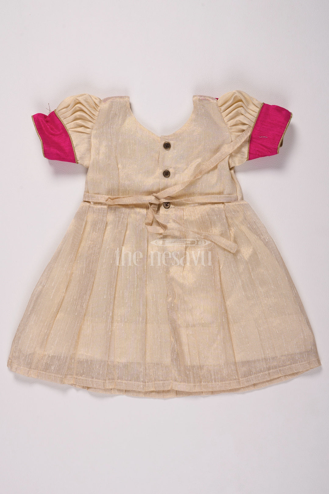 The Nesavu Silk Frock Radiant Cream and Pink Online Pattu Long Frocks for Girls with Silver Tissue Elegance Nesavu Nesavus Cream Pink Online Pattu Long Frocks Girls Silver Tissue Detailing