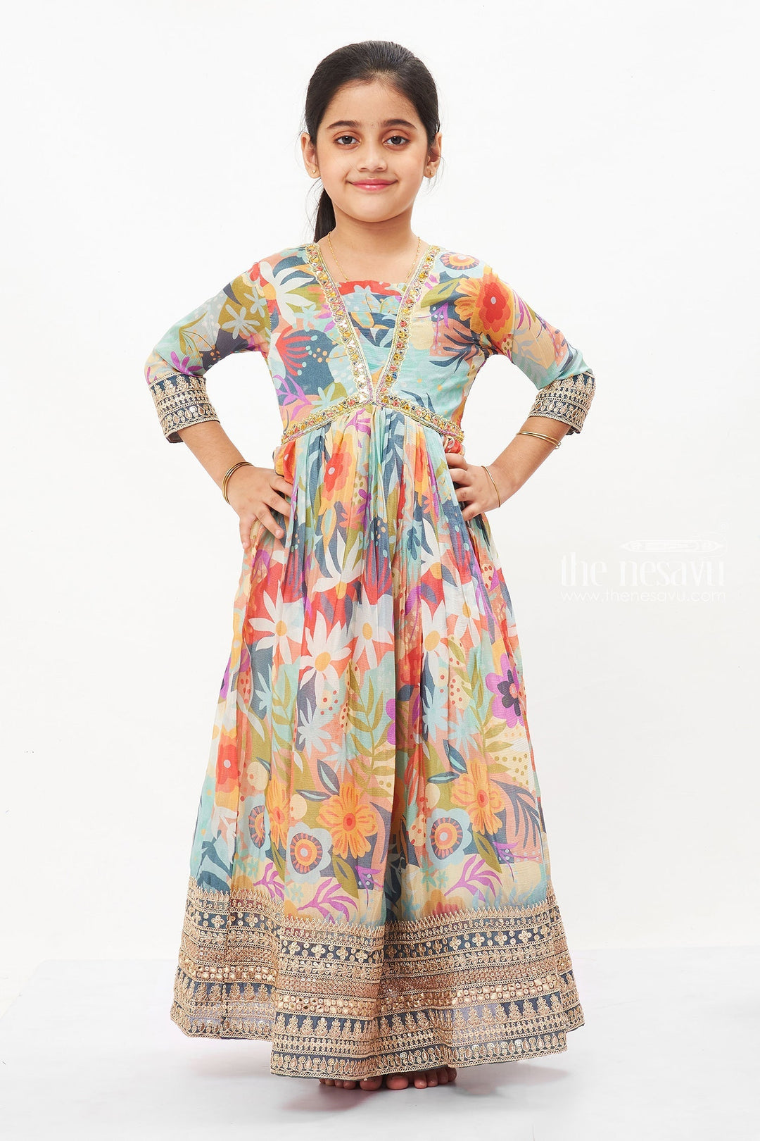 The Nesavu Girls Party Gown Radiant Garden Splendor Anarkali Gown for Girls - Vivid Floral Elegance Nesavu 24 (5Y) / multicolor / Chinnon GA210A-24 Stunning Kids Floral Anarkali Gown | Long Elegant Anarkali Dresses | The Nesavu