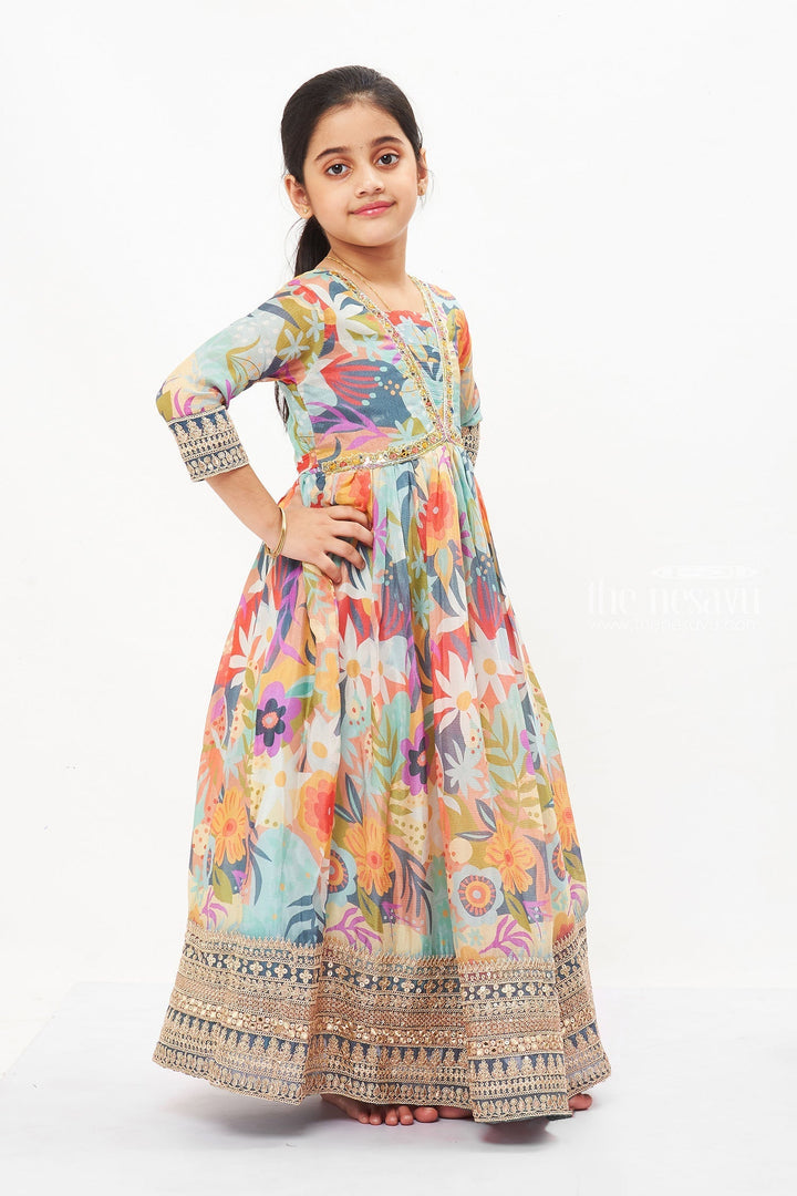 The Nesavu Girls Party Gown Radiant Garden Splendor Anarkali Gown for Girls - Vivid Floral Elegance Nesavu Stunning Kids Floral Anarkali Gown | Long Elegant Anarkali Dresses | The Nesavu