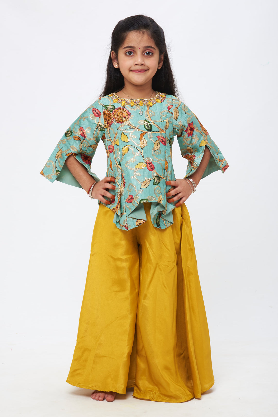 The Nesavu Girls Sharara / Plazo Set Radiant Nature: Girls' Floral-Printed Aqua Kurti and Golden Palazzo Pant Set Nesavu 24 (5Y) / Blue / Viscose Chinon GPS225A-24 Floral-Printed Kurti and Palazzo Pant Set | Modern Kids Daywear Ensemble | The Nesavu