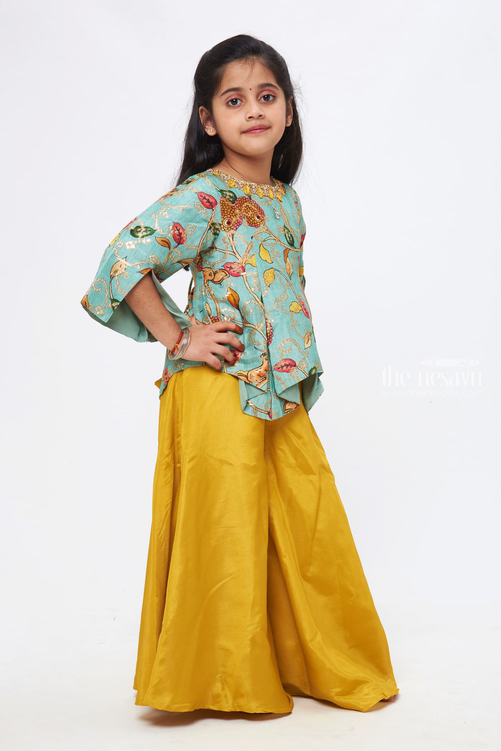 The Nesavu Girls Sharara / Plazo Set Radiant Nature: Girls' Floral-Printed Aqua Kurti and Golden Palazzo Pant Set Nesavu Floral-Printed Kurti and Palazzo Pant Set | Modern Kids Daywear Ensemble | The Nesavu