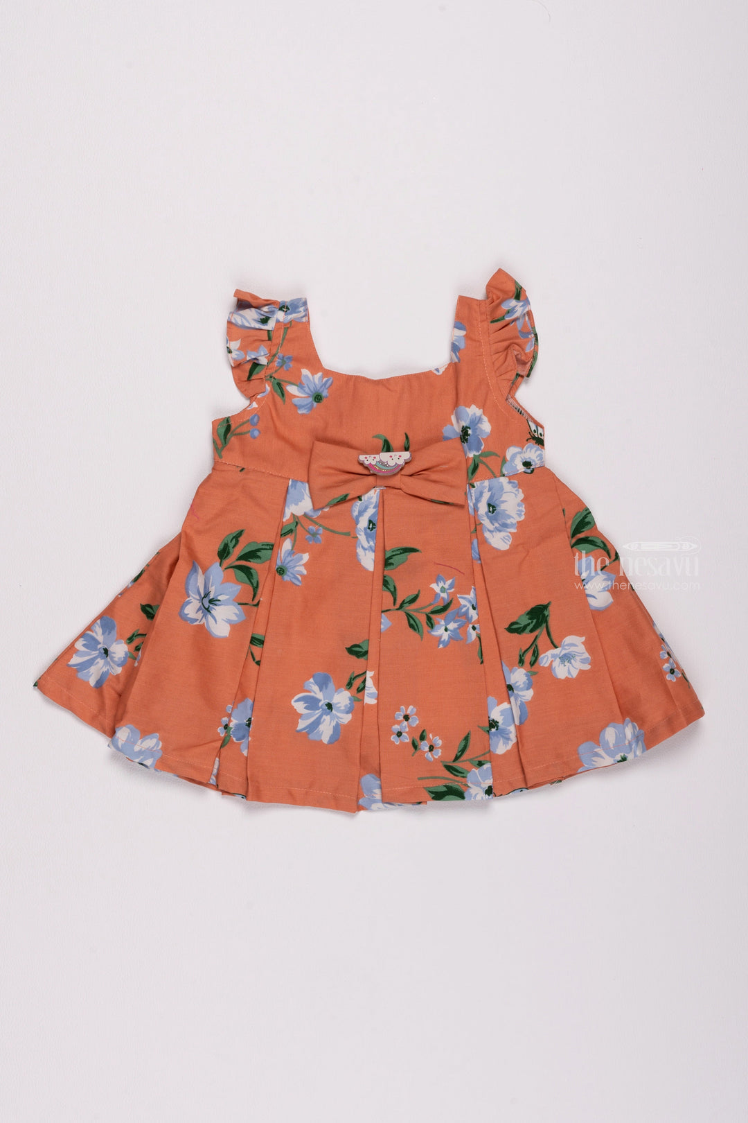 The Nesavu Baby Cotton Frocks Radiant Orange Ensemble for Baby Girls: Blossom-inspired Print, Pleated Delight with Bow Accent Nesavu 14 (6M) / Orange / Cotton BFJ467A-14 Premium Baby Frocks | Soft & Comfortable Dresses | The Nesavu