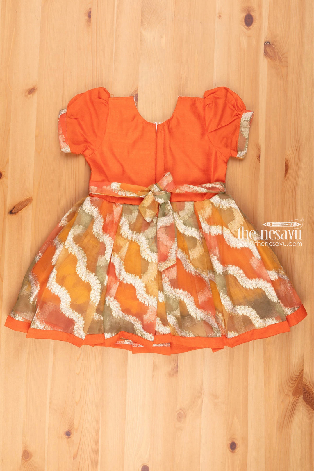 The Nesavu Silk Frock Radiant Orange Wave Pleats Silk Organza Frock Puffed Elegance for Young Trendsetters Nesavu 2 Year Baby Girl Dresses | Silk Pattu Frock Colections Girls | the Nesavu