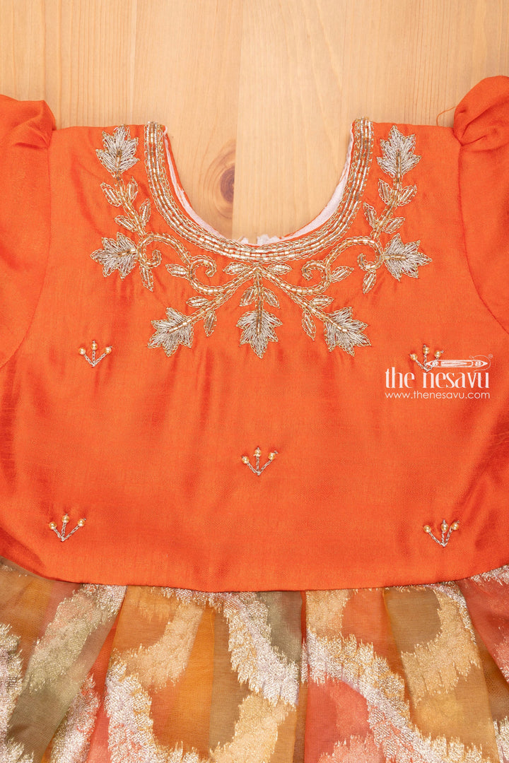The Nesavu Silk Frock Radiant Orange Wave Pleats Silk Organza Frock Puffed Elegance for Young Trendsetters Nesavu 2 Year Baby Girl Dresses | Silk Pattu Frock Colections Girls | the Nesavu