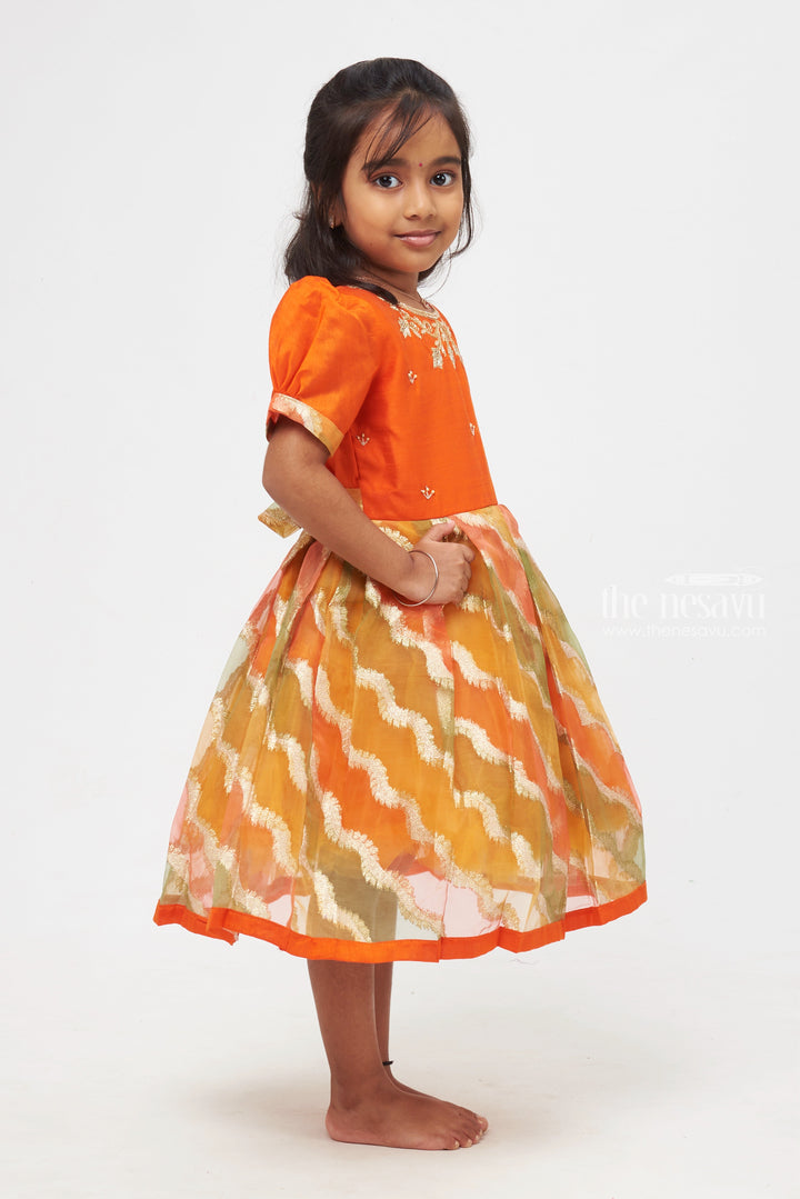 The Nesavu Silk Party Frock Radiant Orange Wave Pleats Silk Organza Frock Puffed Elegance for Young Trendsetters Nesavu 2 Year Baby Girl Dresses | Silk Pattu Frock Colections Girls | the Nesavu