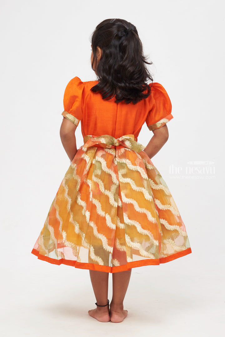 The Nesavu Silk Party Frock Radiant Orange Wave Pleats Silk Organza Frock Puffed Elegance for Young Trendsetters Nesavu 2 Year Baby Girl Dresses | Silk Pattu Frock Colections Girls | the Nesavu