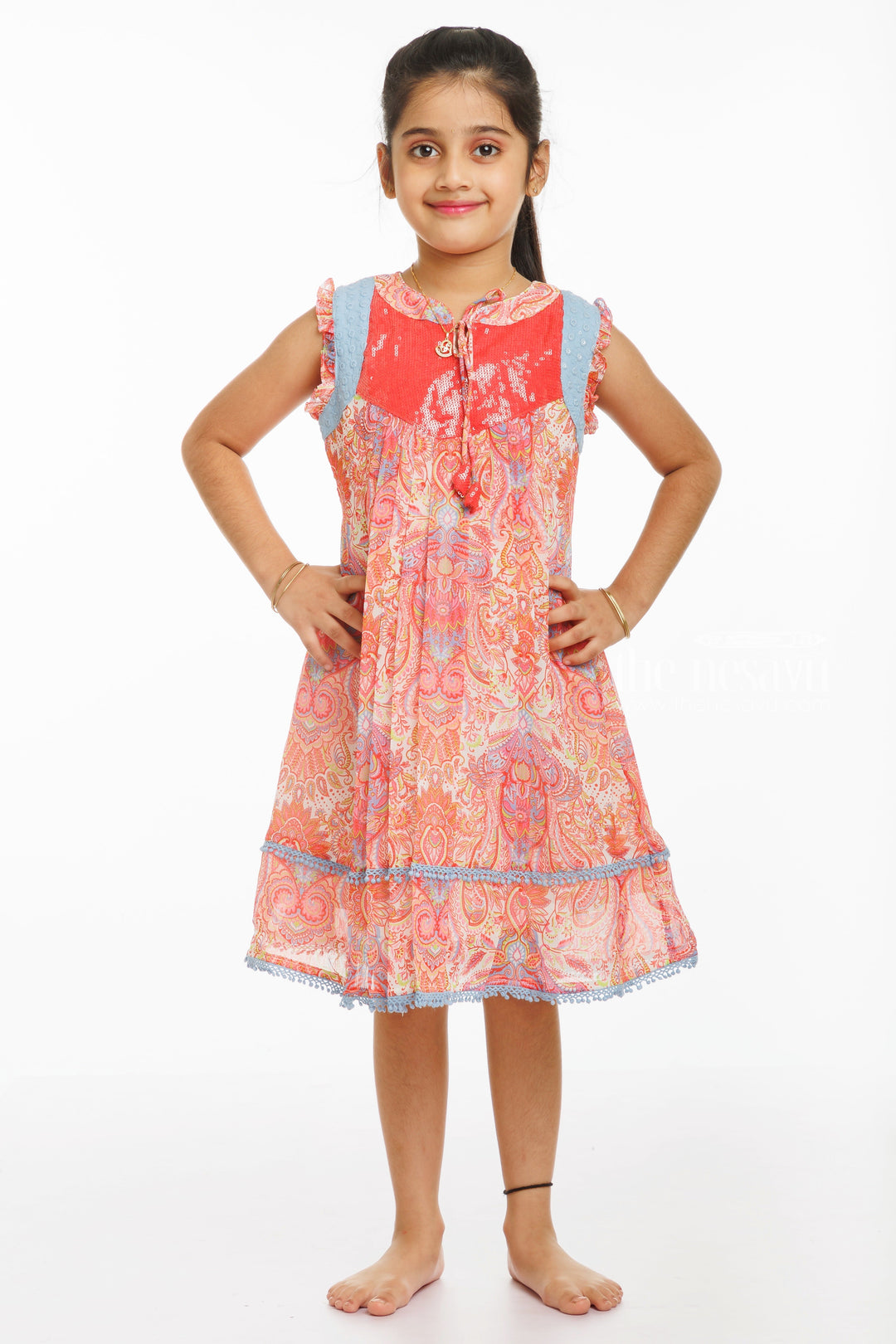The Nesavu Girls Fancy Frock Radiant Paisley Parade: Colorful Cotton Frock for Trendy Tots Nesavu 22 (4Y) / Red / Cotton GFC1300A-22 Shop the Latest Girls Paisley Cotton Frocks | Perfect for Any Occasion | The Nesavu