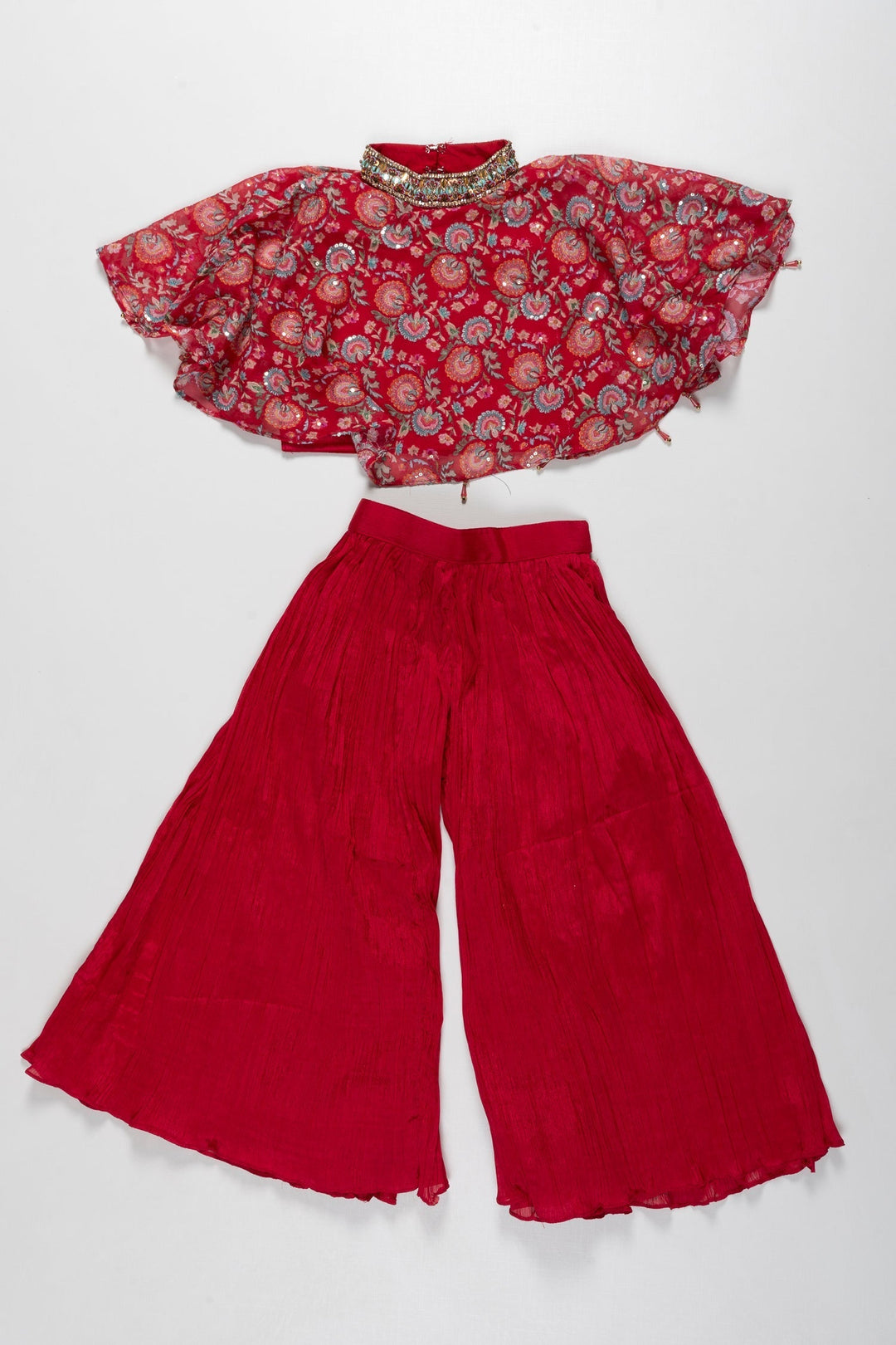 The Nesavu Girls Sharara / Plazo Set Radiant Red Designer Top with Palazzo Pants Set for Girls - A Festive Fusion Nesavu 22 (4Y) / Red / Georgette GPS287A-22 Girls Festive Red Designer Top and Palazzo Set | Celebrate in Style | The Nesavu