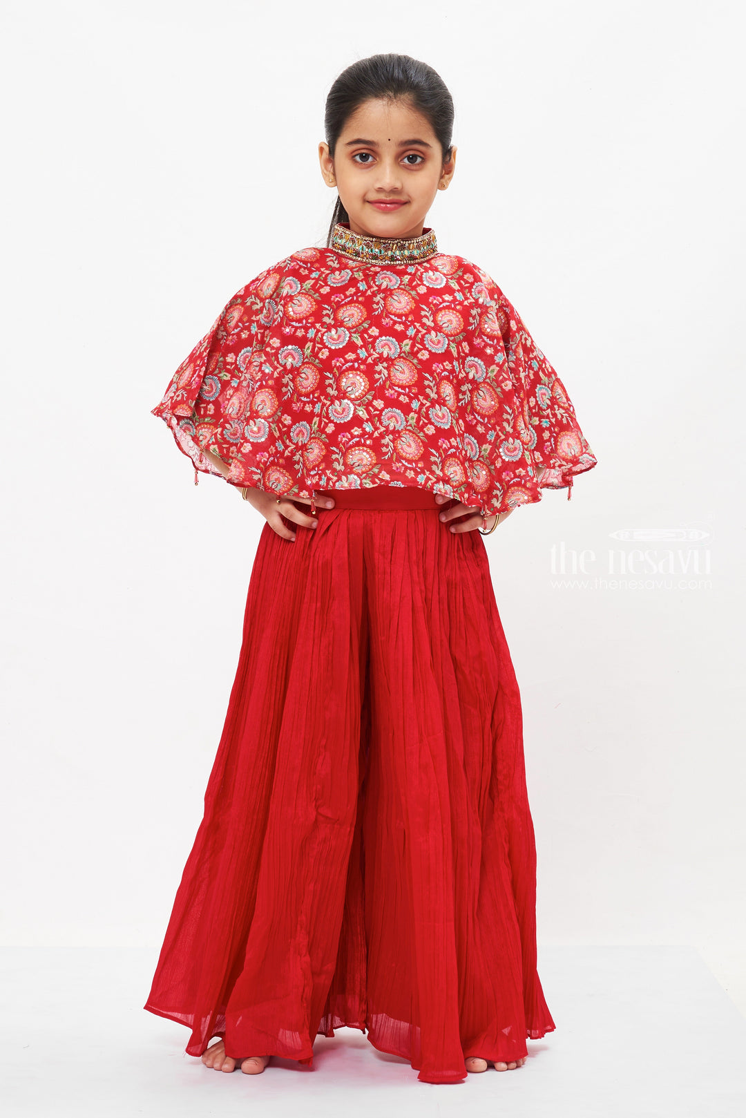 The Nesavu Girls Sharara / Plazo Set Radiant Red Designer Top with Palazzo Pants Set for Girls - A Festive Fusion Nesavu 22 (4Y) / Red / Georgette GPS287A-22 Girls Festive Red Designer Top and Palazzo Set | Celebrate in Style | The Nesavu