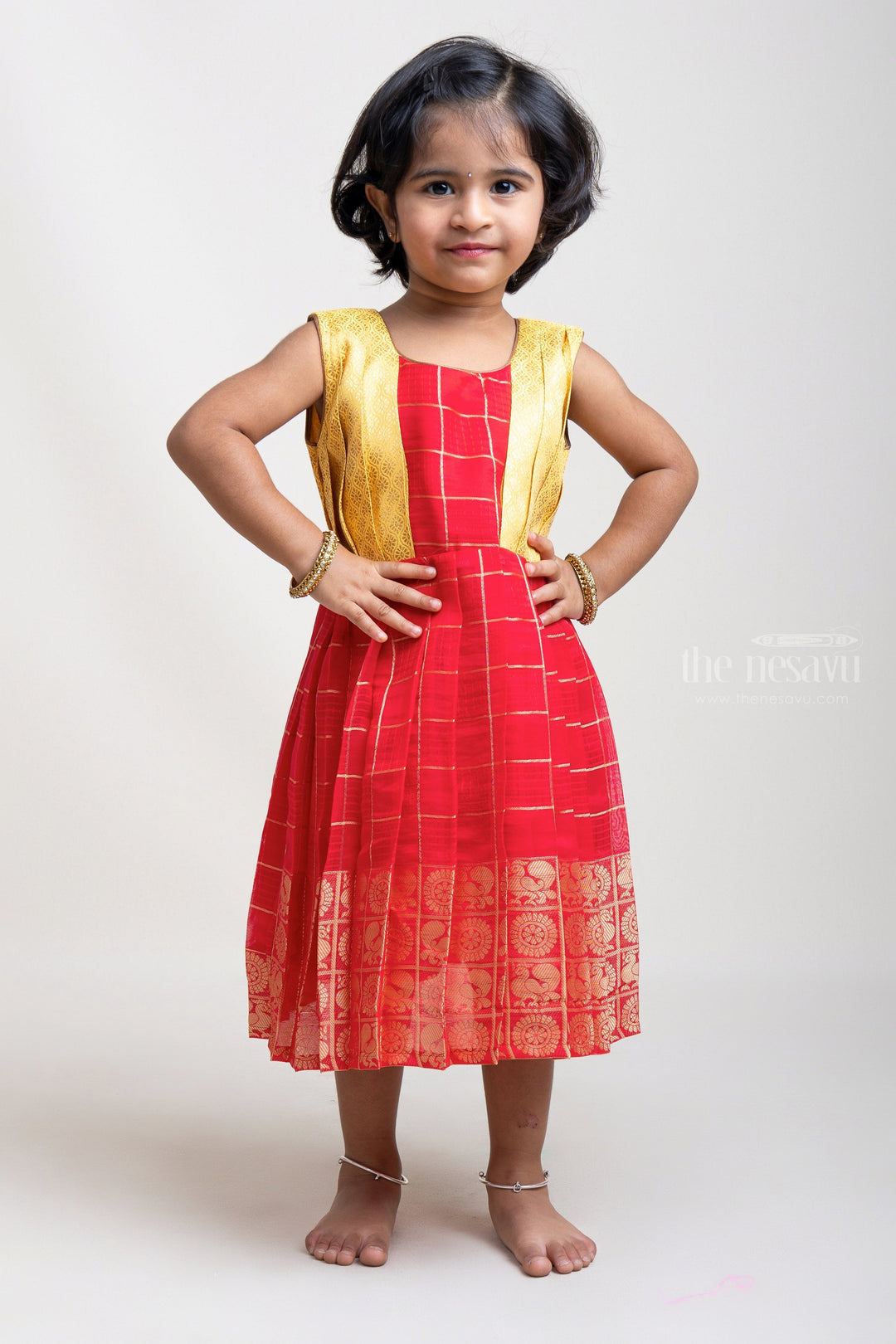 The Nesavu Silk Frock Radiant Red Semi-Silk And Pleated Yellow Yoke With Bird Designer Border Frock Nesavu 14 (6M) / Red / Georgette SF520A Elegant and Trendy Silk Frocks | Girls Premium Silk Frocks | The Nesavu