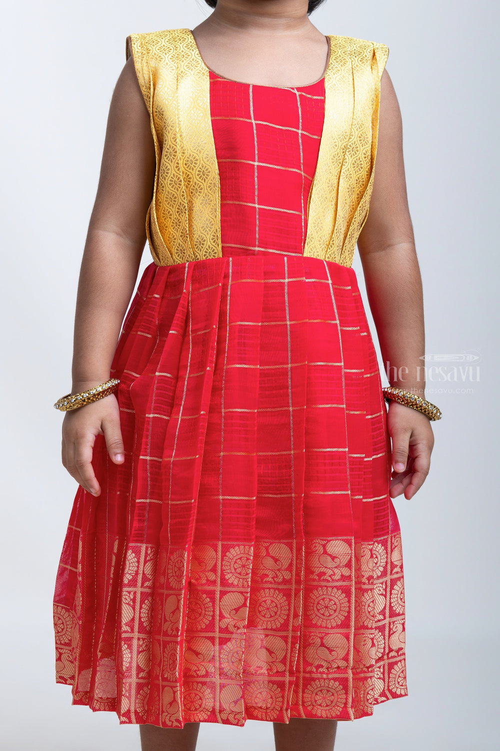 The Nesavu Silk Frock Radiant Red Semi-Silk And Pleated Yellow Yoke With Bird Designer Border Frock Nesavu Elegant and Trendy Silk Frocks | Girls Premium Silk Frocks | The Nesavu