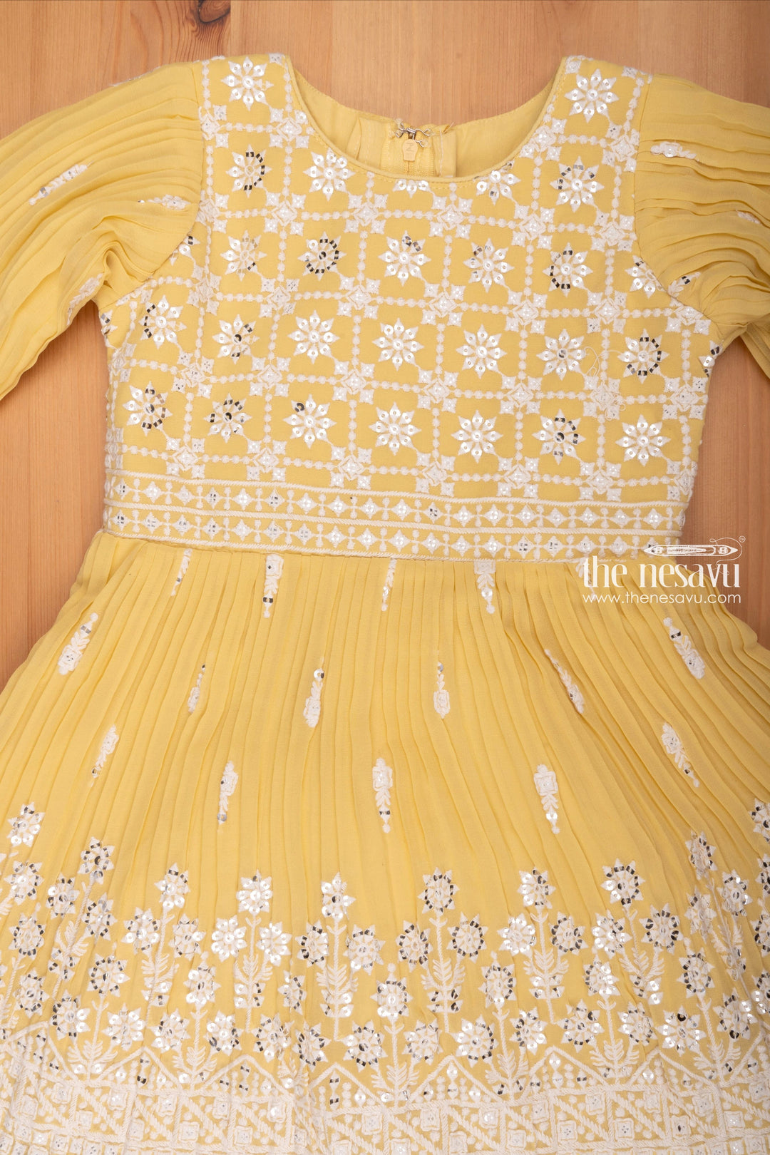 The Nesavu Girls Sharara / Plazo set Radiant Sequence Embroidered Pleated Yellow Kurti & Gharara: Festive Charm for Girls Nesavu Festive Gharara Set for Girls | Latest Designer Dresses for Girls | the Nesavu