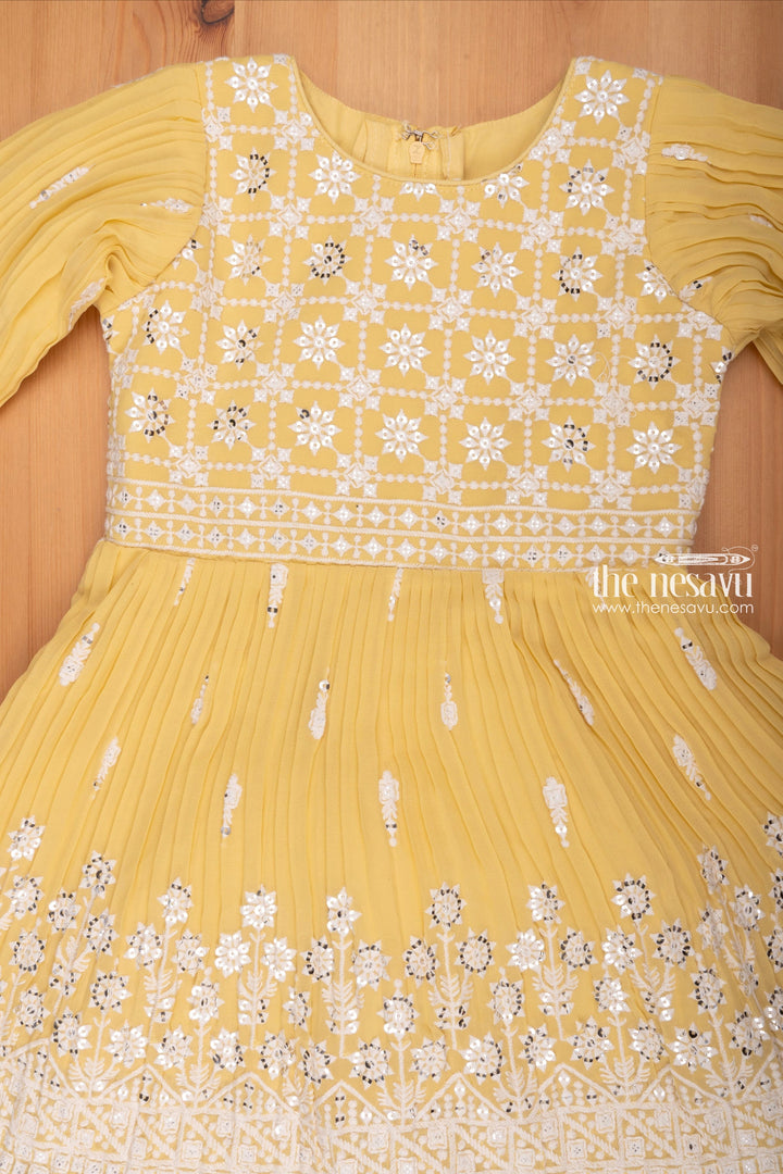 The Nesavu Girls Sharara / Plazo set Radiant Sequence Embroidered Pleated Yellow Kurti & Gharara: Festive Charm for Girls Nesavu Festive Gharara Set for Girls | Latest Designer Dresses for Girls | the Nesavu