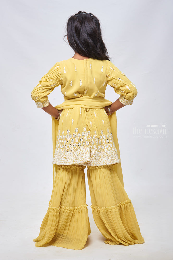 The Nesavu Girls Sharara / Plazo Set Radiant Sequence Embroidered Pleated Yellow Kurti & Gharara: Festive Charm for Girls Nesavu Festive Gharara Set for Girls | Latest Designer Dresses for Girls | the Nesavu