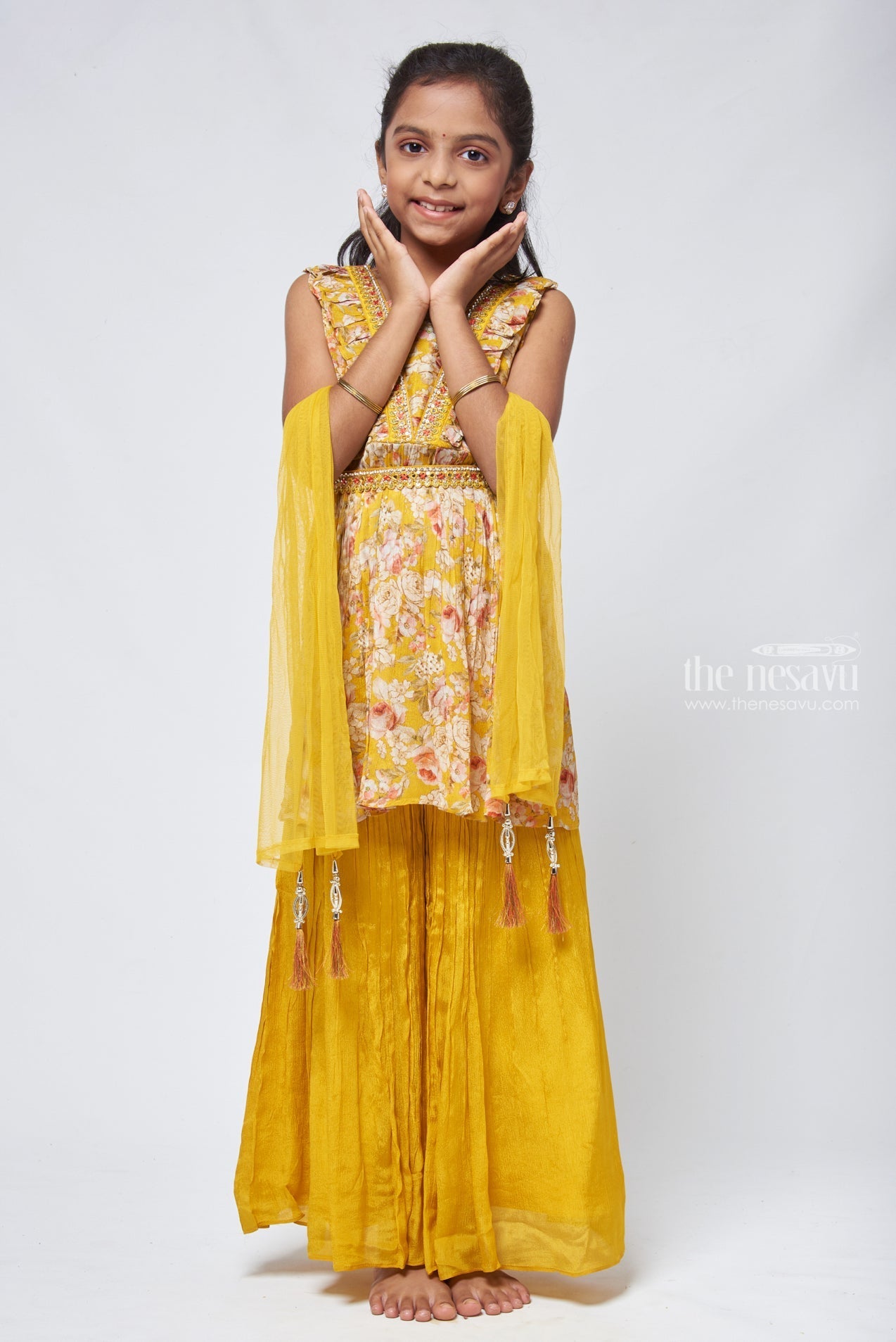 Yellow Palazzo Suit with Designer Short Kurti