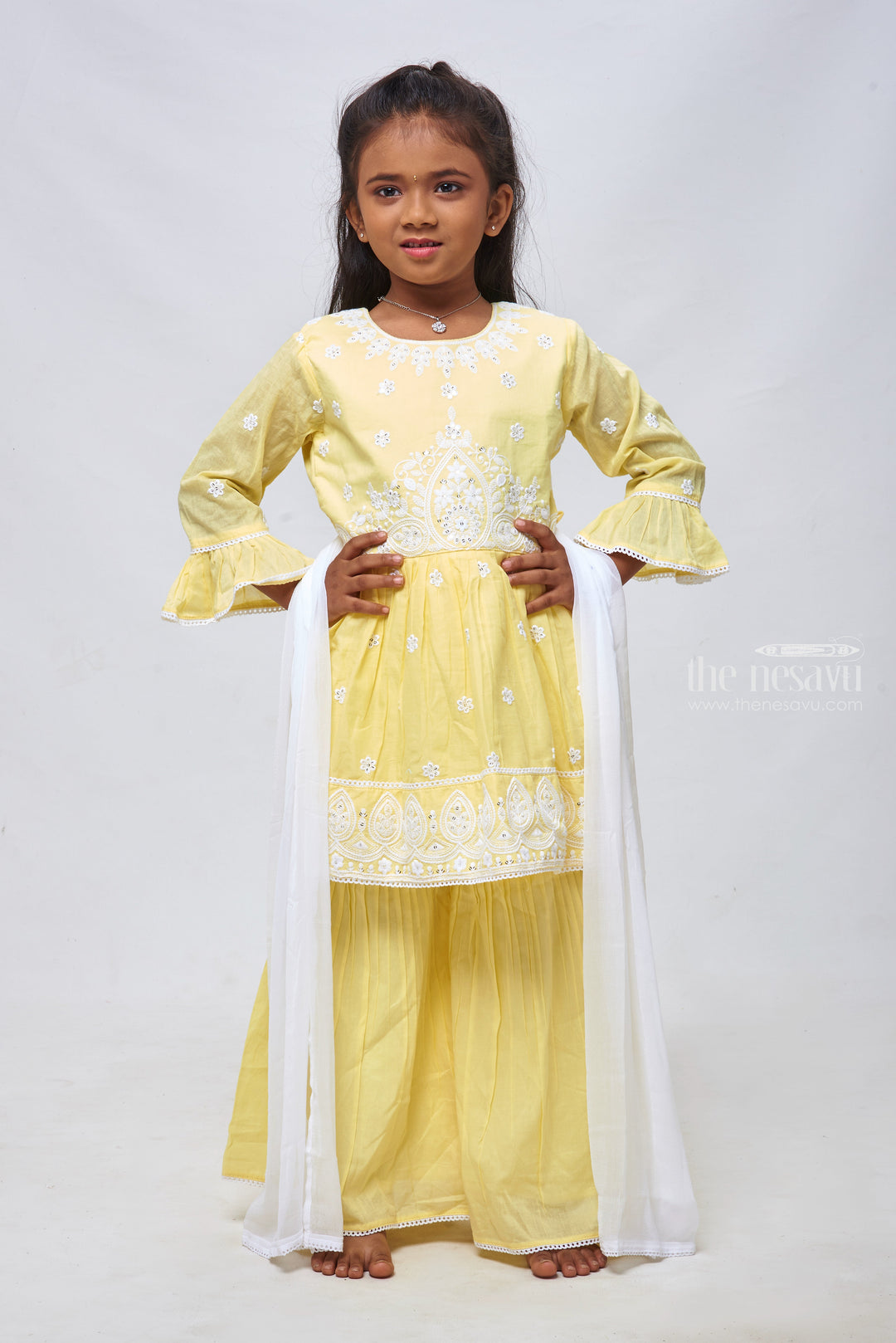 The Nesavu Girls Sharara / Plazo Set Radiant Sequin Embroidered Yellow Designer Kurti with Sharara & Dupatta Set for Girls Nesavu 24 (5Y) / Yellow / Cotton GPS196A-24 Kids Kurti and Sharara Set | Designer made Ethnic Wear | The Nesavu