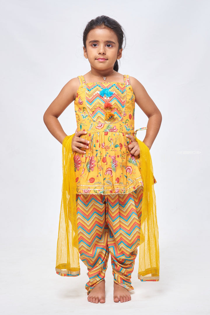 The Nesavu Girls Dothi Sets Radiant Sequin Floral Pleated Yellow Kurti & Zig Zag Dhoti: Festive Ensemble for Girls Nesavu 18 (2Y) / Yellow / Viscose GPS168A-18 Floral Kurti With Dhoti Set for Girls | Festive Wear for Girls | the Nesavu