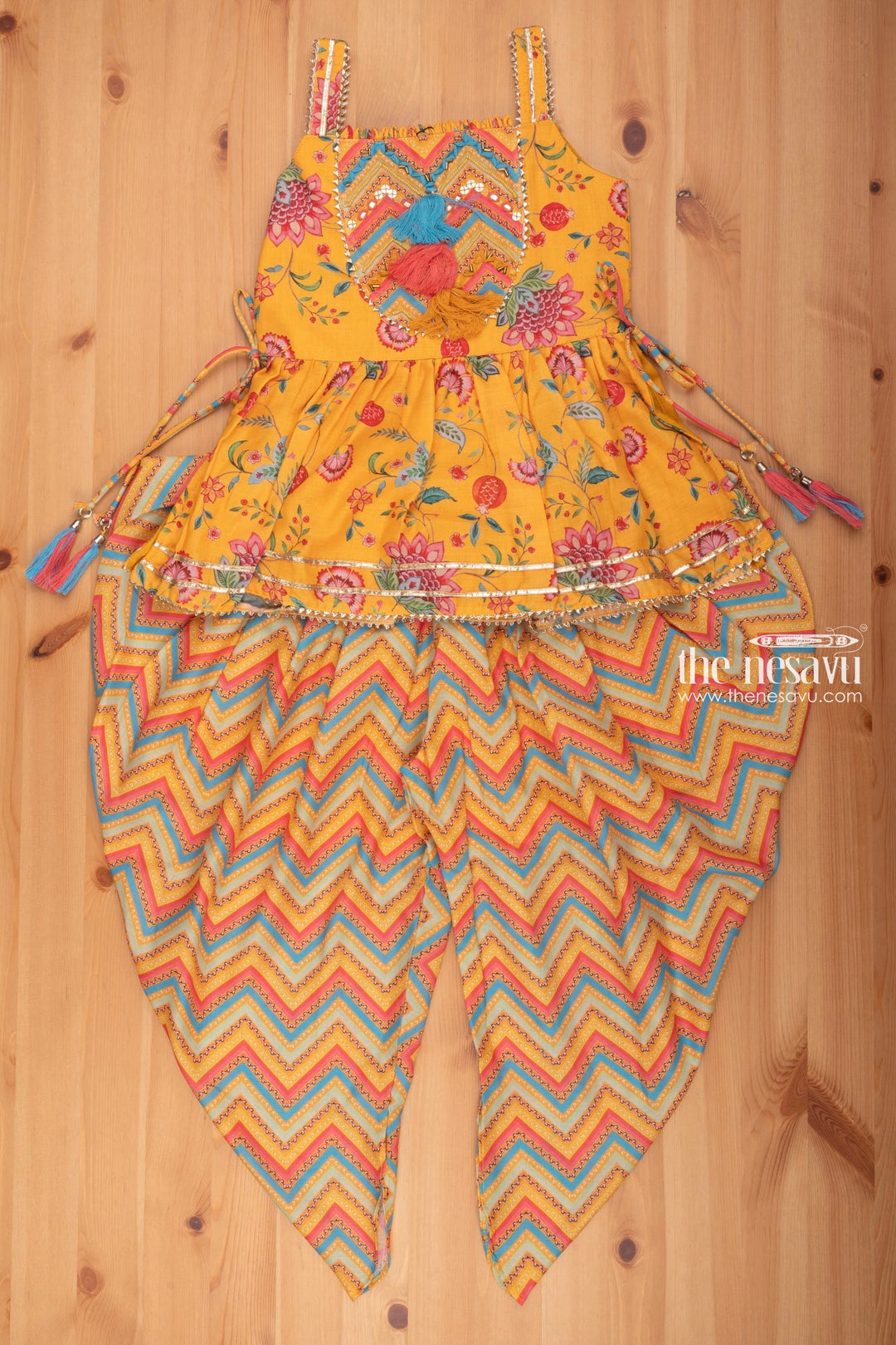 The Nesavu Girls Sharara / Plazo set Radiant Sequin Floral Pleated Yellow Kurti & Zig Zag Dhoti: Festive Ensemble for Girls Nesavu 18 (2Y) / Yellow / Viscose GPS168A-18 Floral Kurti With Dhoti Set for Girls | Festive Wear for Girls | the Nesavu