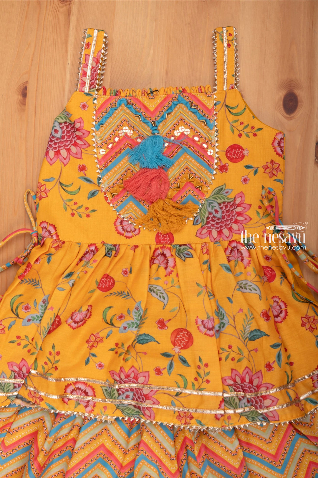 The Nesavu Girls Sharara / Plazo set Radiant Sequin Floral Pleated Yellow Kurti & Zig Zag Dhoti: Festive Ensemble for Girls Nesavu Floral Kurti With Dhoti Set for Girls | Festive Wear for Girls | the Nesavu