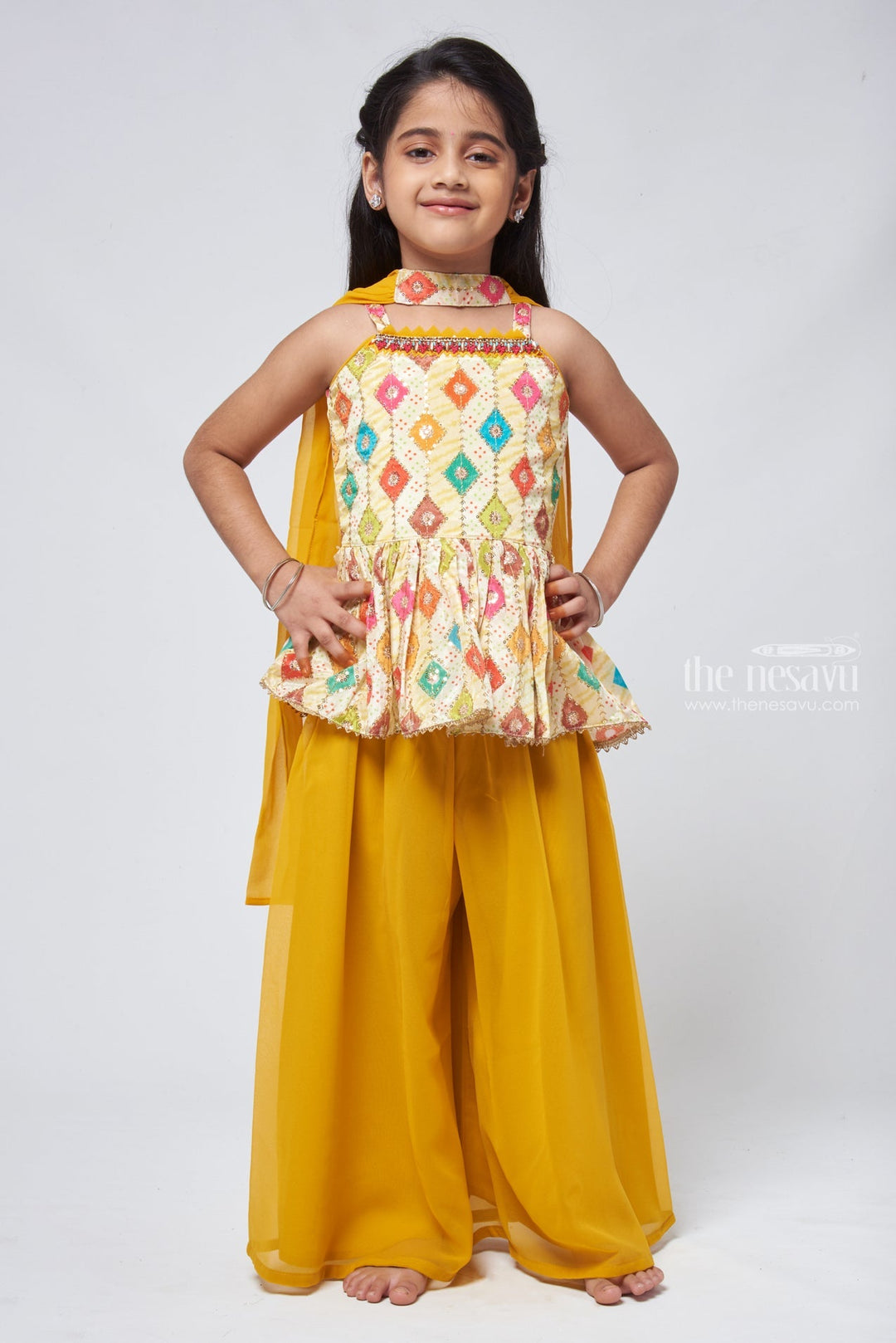The Nesavu Girls Sharara / Plazo Set Radiant Sequins Embroidered Multicolor Peplum Kurti paired with Sunny Yellow Palazzo: Ethnic Splendor for Girls. Nesavu 16 (1Y) / Yellow GPS155A-16 Sequins Embroidered Kurti palazzo set | Sets and suits for Girls | The Nesavu