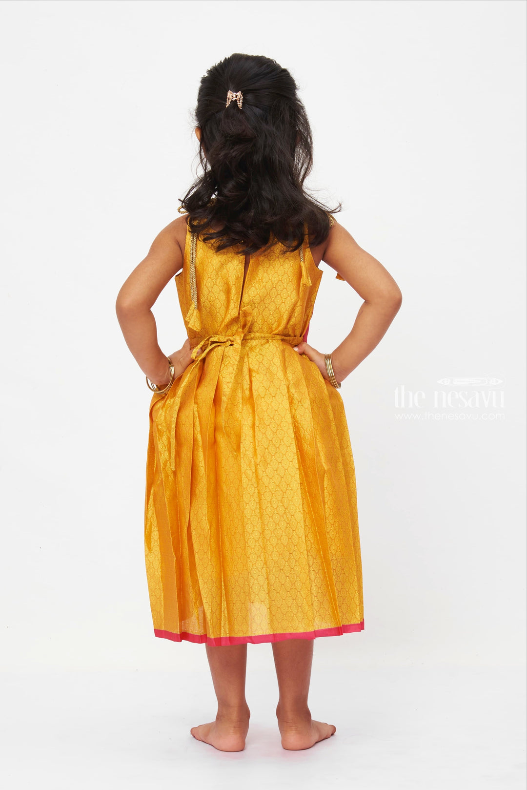 The Nesavu Tie Up Frock Radiant Sunrise TieUp Silk Frock with Gold Detailing for Girls Nesavu Girls Pink & Yellow Silk Frock | Paisley Print Dress | Festive Occasion Wear | The Nesavu