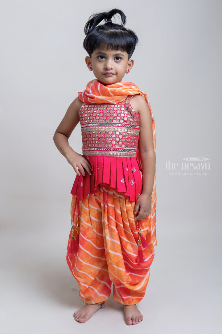 The Nesavu Girls Dothi Sets Radient Red Sequence Embroidery Tunic Top With Orange Laheriya Patiyala Pant For Girls Nesavu 16 (1Y) / Orange GPS120B-16 Fashionable Palazzo Suit For Girls | New Palazzo Collection | The Nesavu