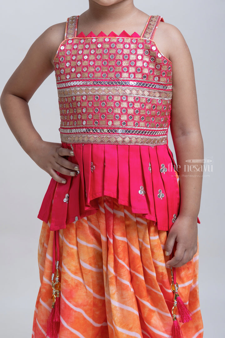 The Nesavu Girls Dothi Sets Radient Red Sequence Embroidery Tunic Top With Orange Laheriya Patiyala Pant For Girls Nesavu Fashionable Palazzo Suit For Girls | New Palazzo Collection | The Nesavu