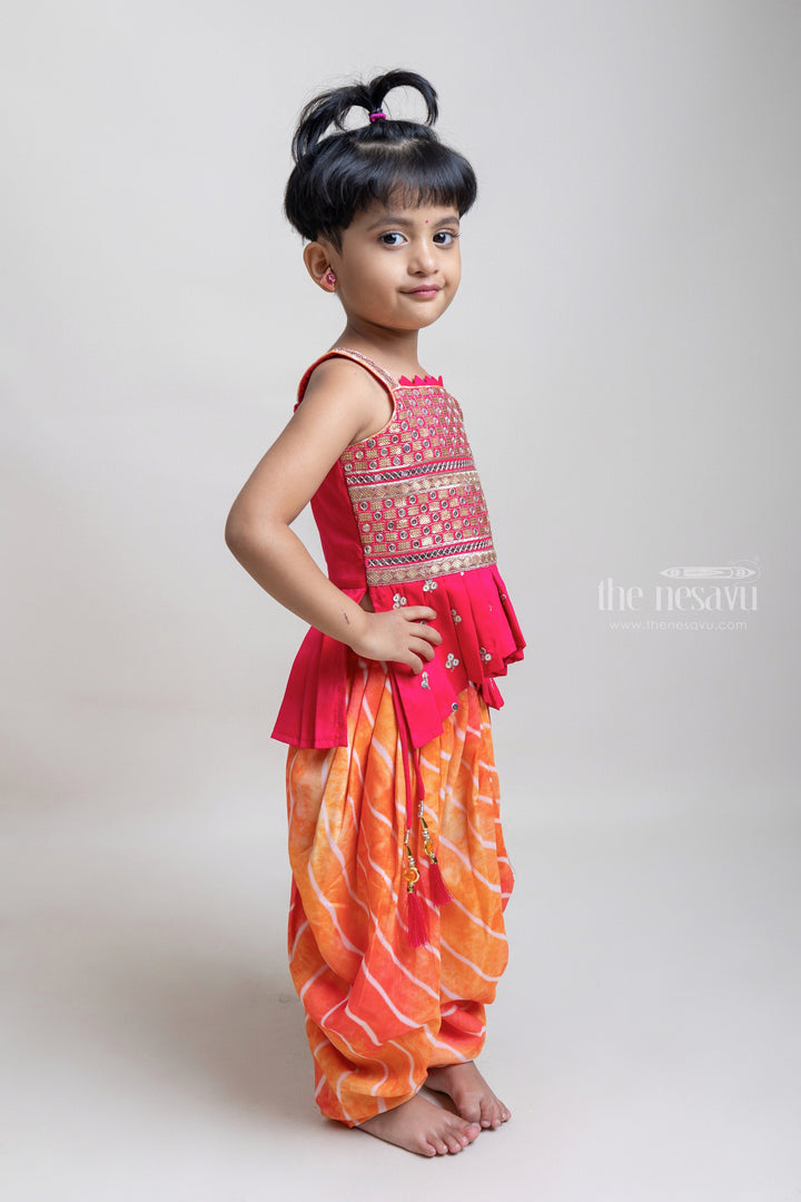 The Nesavu Girls Dothi Sets Radient Red Sequence Embroidery Tunic Top With Orange Laheriya Patiyala Pant For Girls Nesavu Fashionable Palazzo Suit For Girls | New Palazzo Collection | The Nesavu