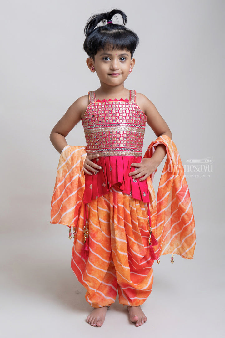 The Nesavu Girls Dothi Sets Radient Red Sequence Embroidery Tunic Top With Orange Laheriya Patiyala Pant For Girls Nesavu Fashionable Palazzo Suit For Girls | New Palazzo Collection | The Nesavu