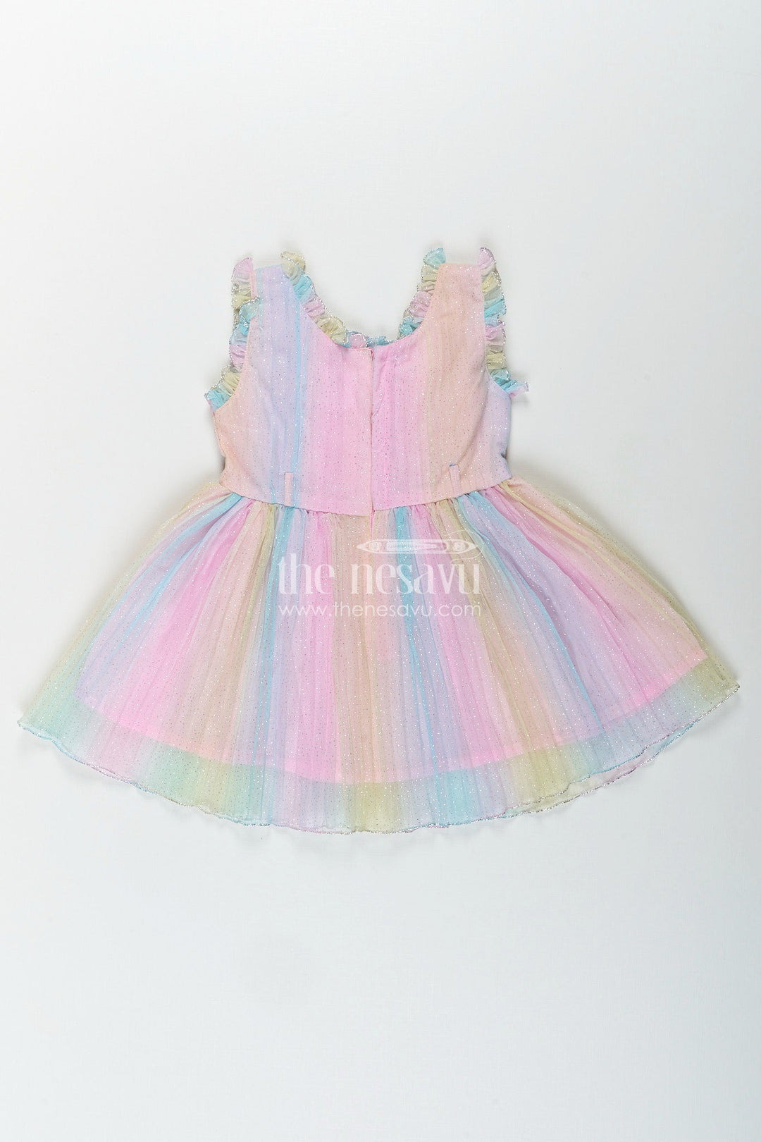 The Nesavu Girls Fancy Frock Rainbow pastel girls net frock with shimmer and flower brooch Nesavu Nesavu pastel rainbow shimmer net frock for girls with flower brooch and hairband