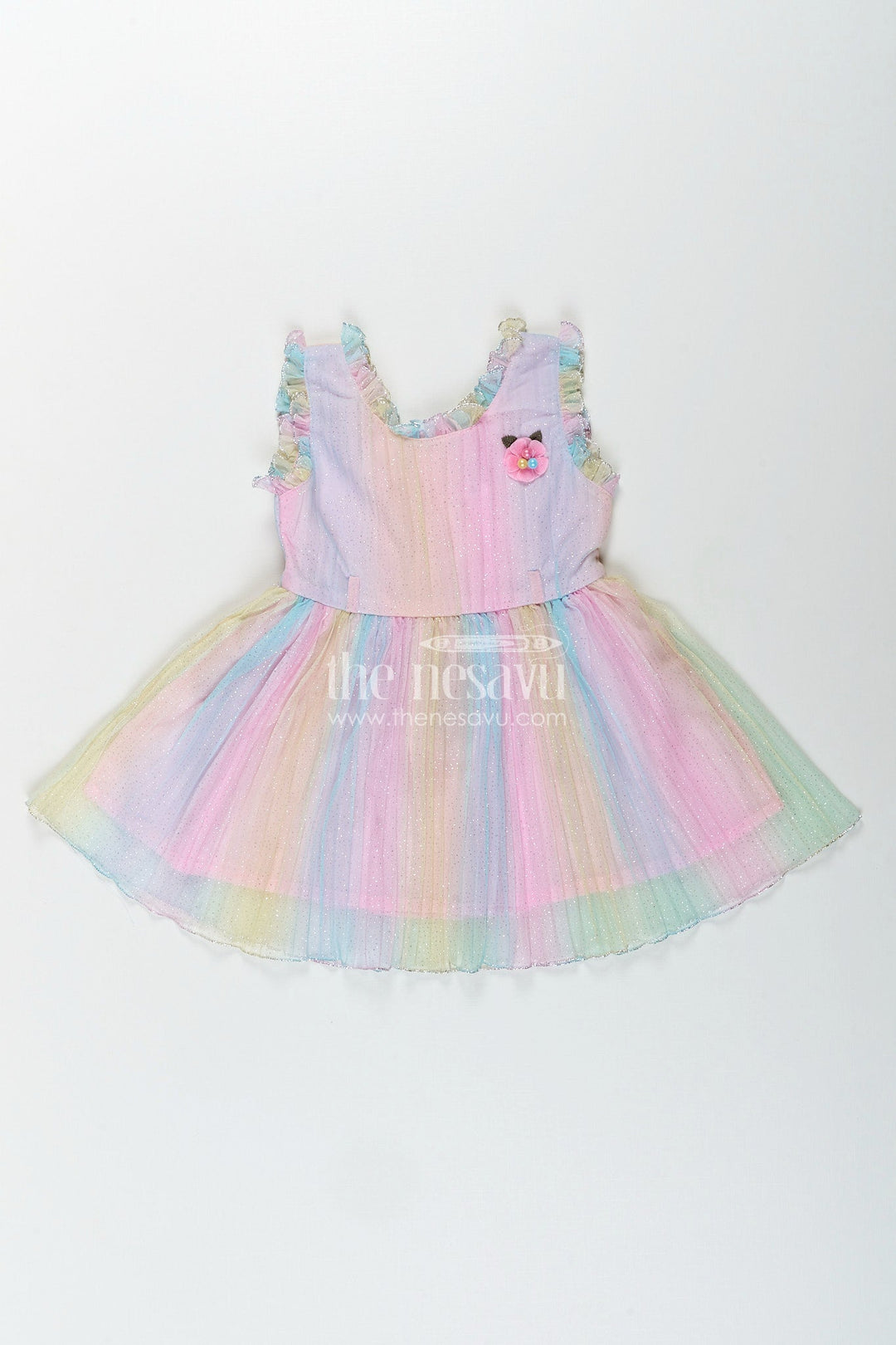 The Nesavu Girls Fancy Frock Rainbow pastel girls net frock with shimmer and flower brooch Nesavu Nesavu pastel rainbow shimmer net frock for girls with flower brooch and hairband