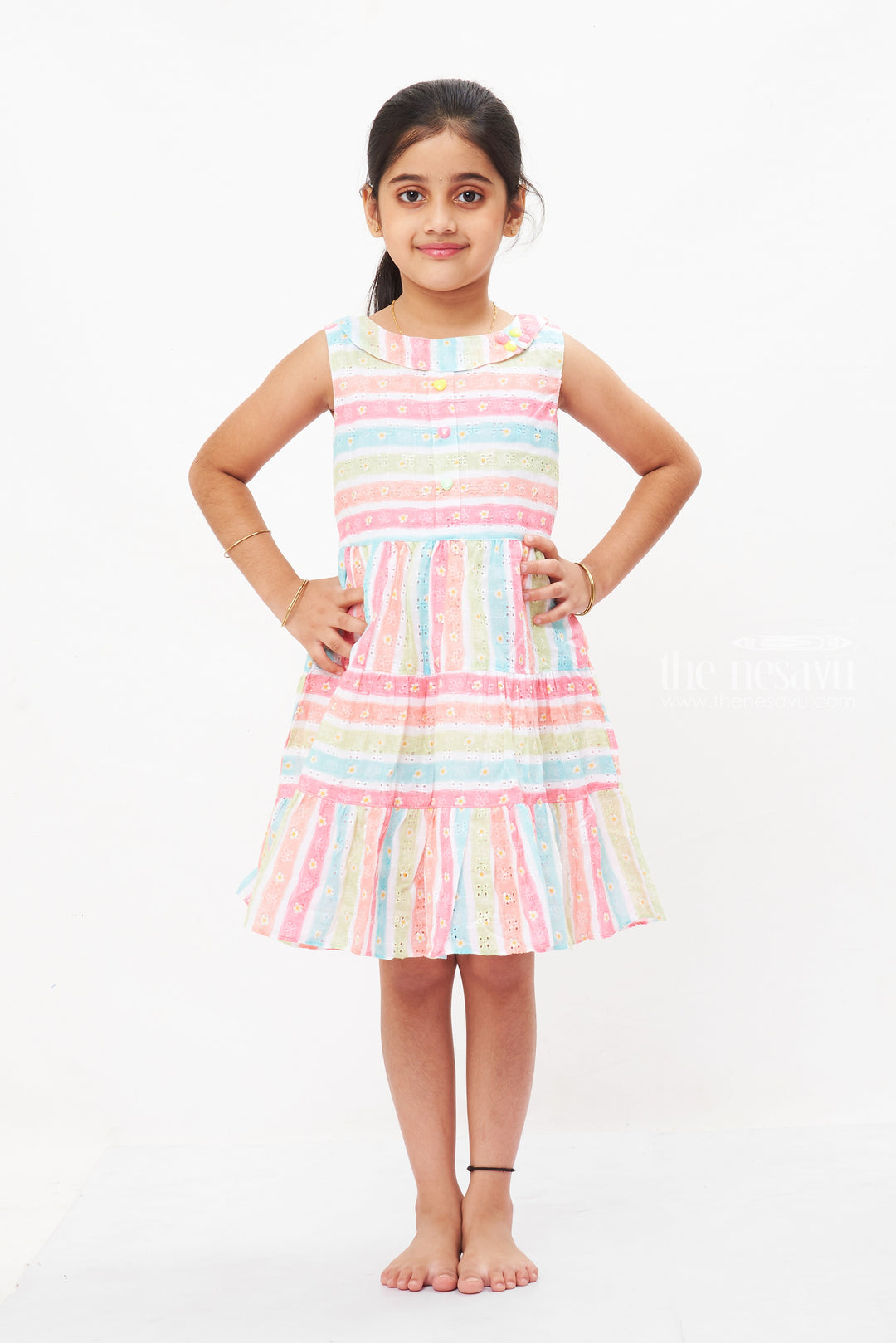 The Nesavu Girls Cotton Frock Rainbow Stripe Chikan Embroidered Cotton Frock for Girls - Vibrant and Versatile Nesavu 14 (6M) / multicolor / Cotton GFC1287A-14 Buy Embroidered Cotton Frock for Girls | Colorful Daily & Party Dress Online | The Nesavu