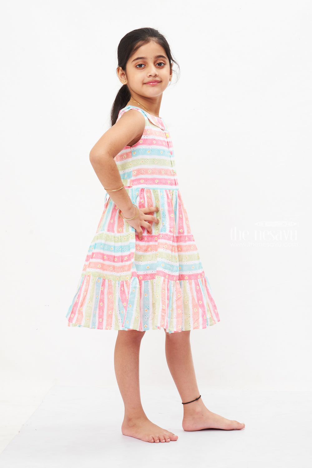 The Nesavu Girls Cotton Frock Rainbow Stripe Chikan Embroidered Cotton Frock for Girls - Vibrant and Versatile Nesavu Buy Embroidered Cotton Frock for Girls | Colorful Daily & Party Dress Online | The Nesavu