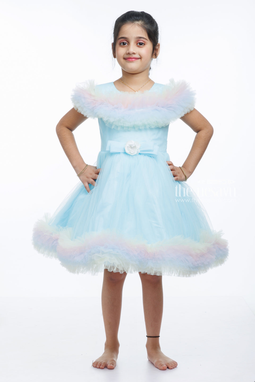 The Nesavu Girls Tutu Frock Rainbow Tulle Princess Party Frock: A Whirl of Color for Your Little Girl Nesavu 16 (1Y) / Blue / Plain Net PF182B-16 Shop Luxury Gradient Tulle Party Dress for Girls | Personalized Birthday Princess Frock | The Nesavu