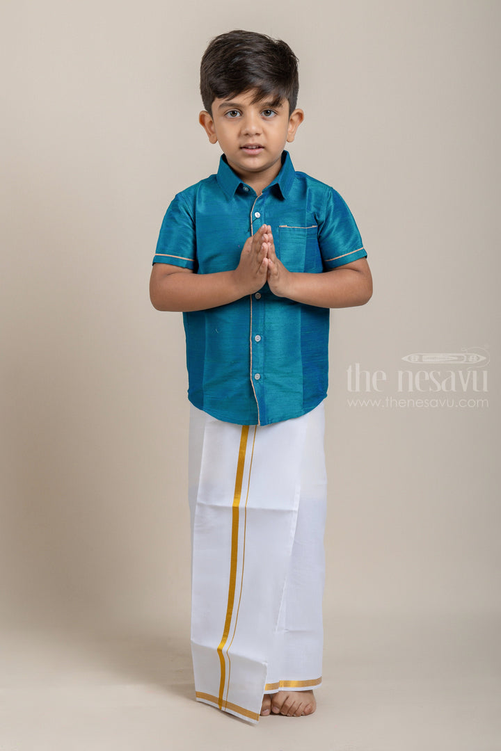 The Nesavu Boys Shirts Rama Turquoise Blue Tranquility Boys Pattu Zari Shirt psr silks Nesavu 14 (6M) / Blue BS030A
