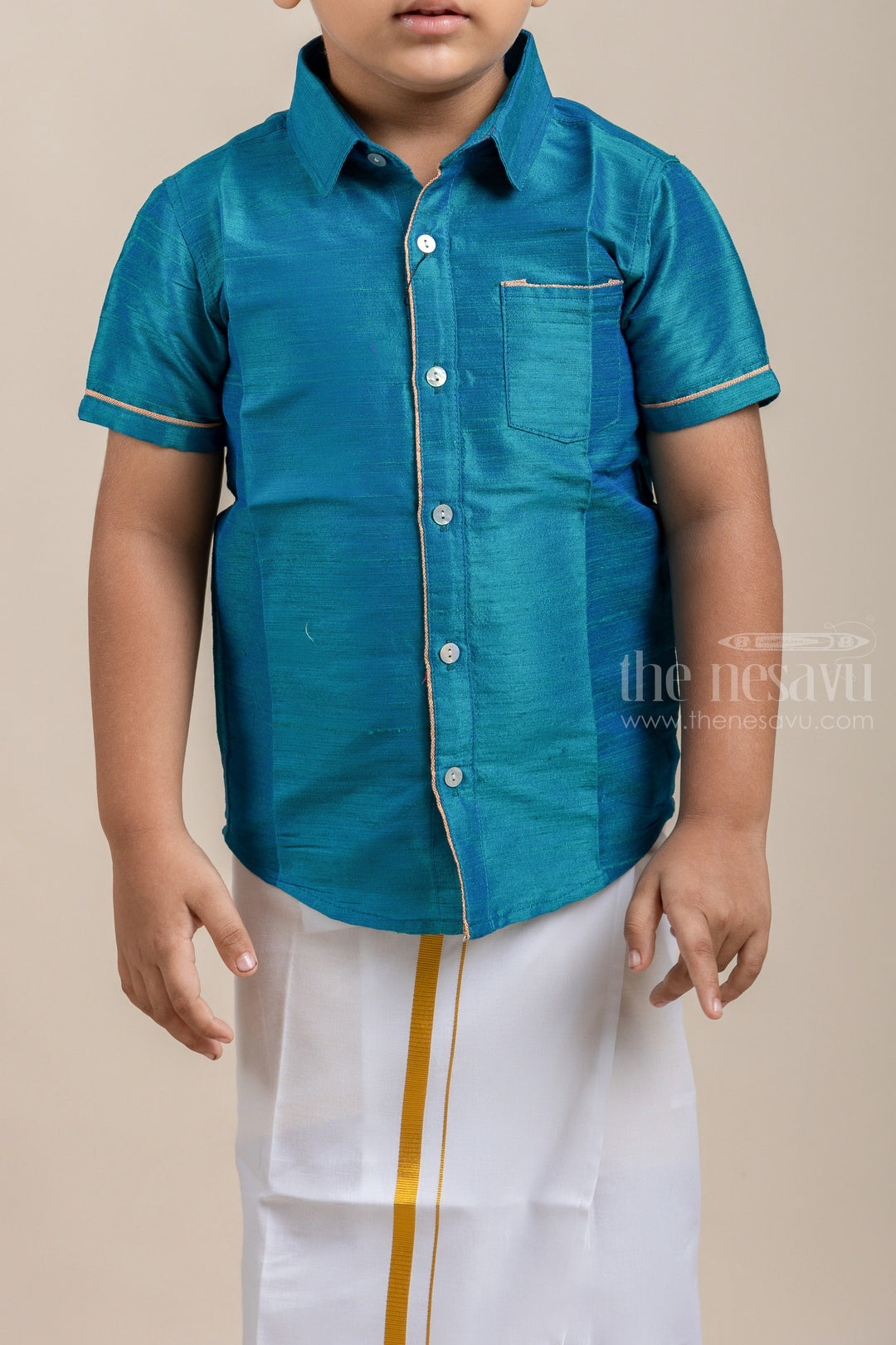 The Nesavu Boys Shirts Rama Turquoise Blue Tranquility Boys Pattu Zari Shirt psr silks Nesavu