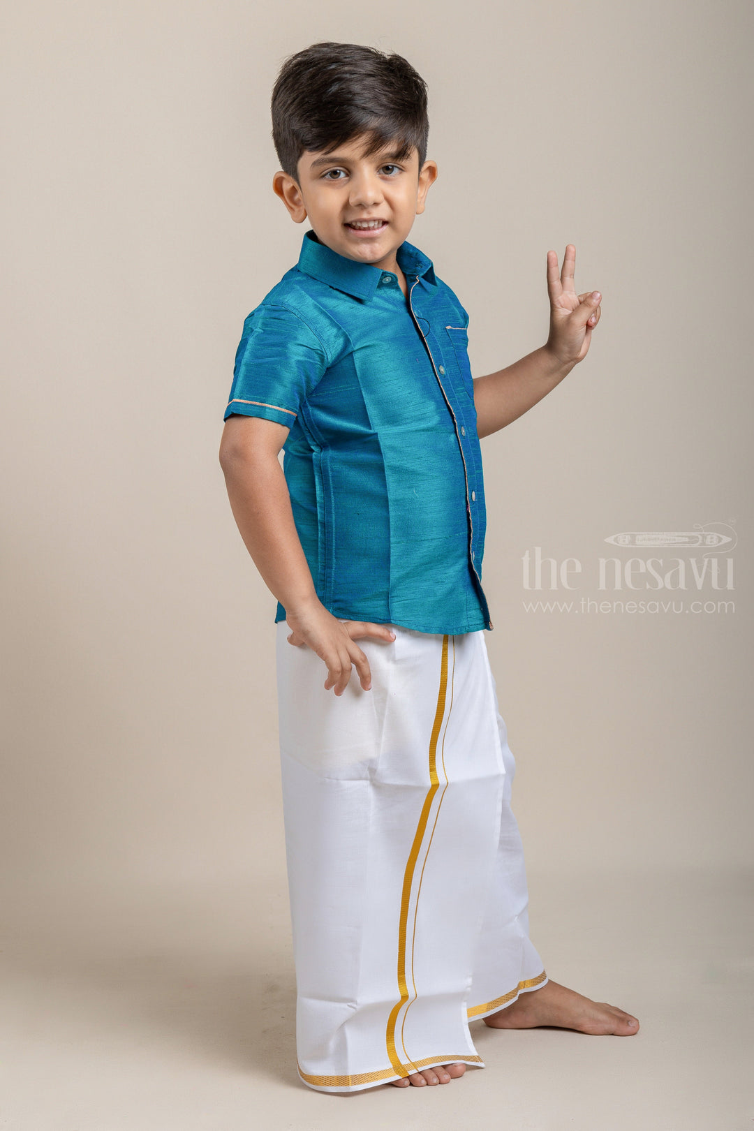 The Nesavu Boys Shirts Rama Turquoise Blue Tranquility Boys Pattu Zari Shirt psr silks Nesavu